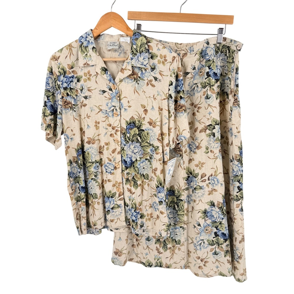 Koret City Blues Skirt Suit Set Floral Beige Blue M/L Vintage Cottagecore Linen